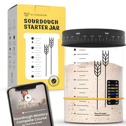 Kitchendom Large Sourdough Starter Jar (32 Oz) - Wide-Mouth Glass Jar - Free Course by Award-Winning Chef Alex Brady, Perfect for Beginners - Sourdough Starter Container, Dishwasher Safe