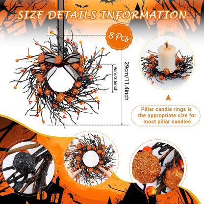 8 PCS Halloween Candle Rings Wreaths Black Orange Berries & Pumpkin Candle Rings Mini Wreath 3.5 Inch Center for Pillar Candle Halloween Fall Thanksgiving Party Home Table Indoor Decorations