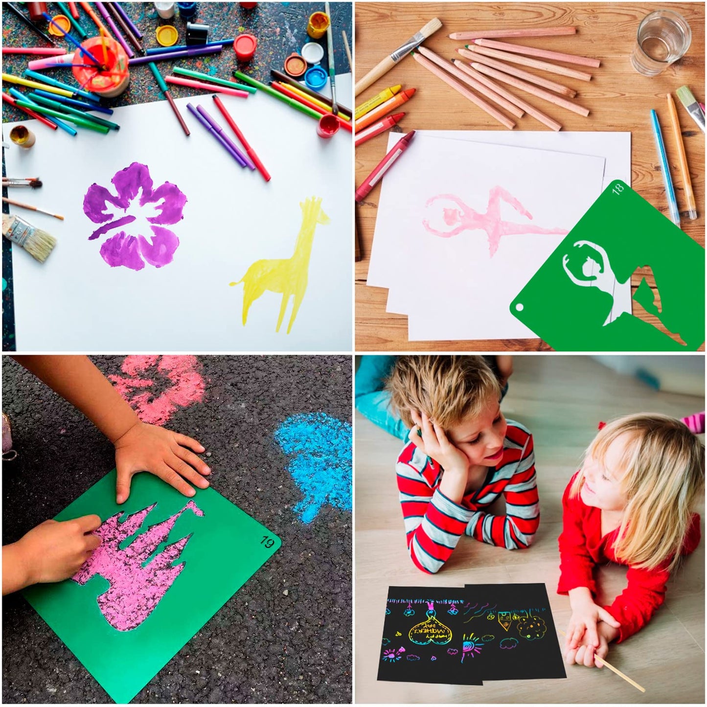 20 Pieces Stencils for Kids with 5 PCS Scratch Paper, 8 x 8 Inch Large Stencils Washable Craft Fun Chalk Template for Boys and Girls to Learn Painting