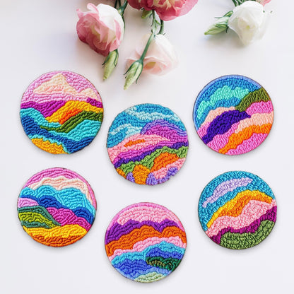 Starter Needle Coasters Kit, Punch Needle Embroidery DIY Set for Beginners Adults, Easy Coasters Kit with Adhesive Felt, Yarns, Embroidery Hoop (Colorful Mountain)