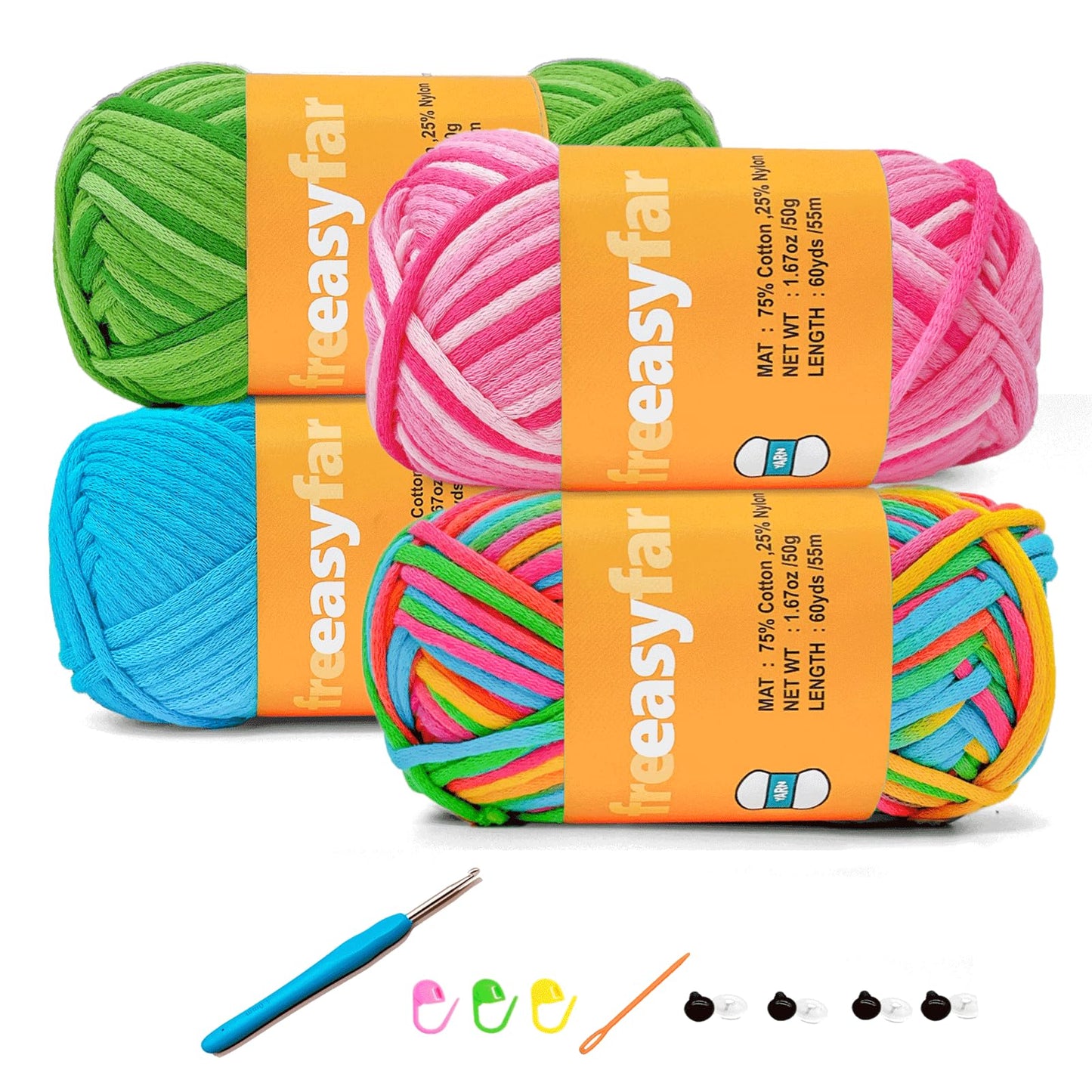 FREEASYFAR 4x50g Beginner Crochet Yarn for Crocheting and Knitting; Beginner Easy Yarn kit with Tool Set (Rainbow+Strawberry+Lawngreen+Aqua, 4 Skein)