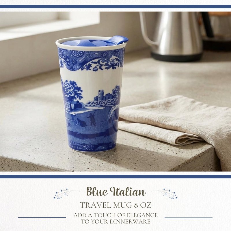 Spode Blue Italian 8oz Porcelain Travel Mug with Lid – Scenic Patterned Drinkware with Decorative Border - Portable Ceramic Coffee Cup for Brunch, Tea, On-the-Go Hot Beverage Moments