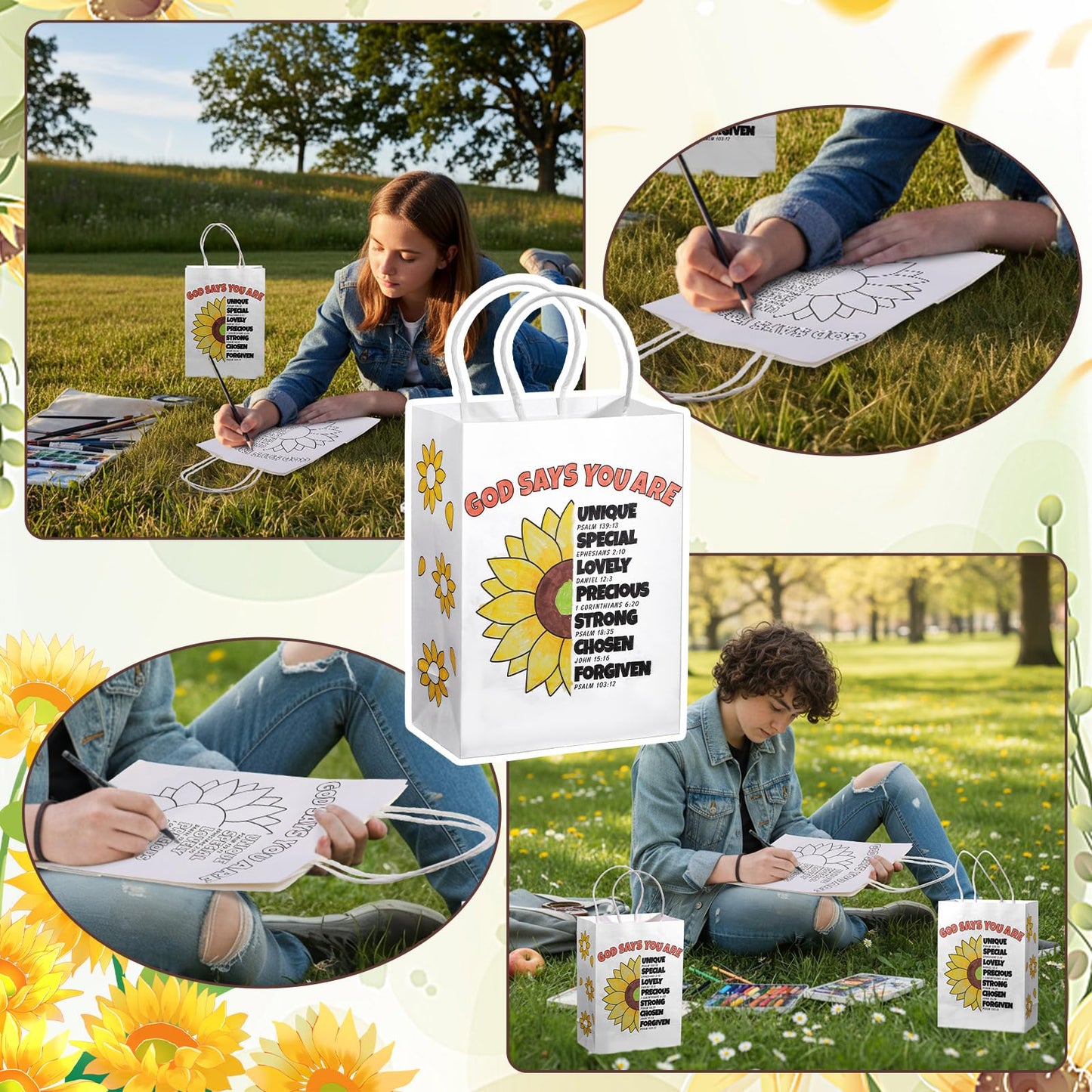 Kolldenn 18 Pcs Sunday School Crafts Religious Coloring Gift Bags VBS God Says You Are Sunflower Bible Verse DIY Craft Kits Christian Color Your Own Bags for Church & Home Activities
