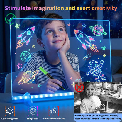 Tobaisaa LED Drawing Board for Kids, 16" Rechargeable Light Up Drawing Pad, Acrylic Dry Erase Board with 7 Markers & Cleaning Kit, Creative Gift for Boys Girls Ages 3 4 5 6 7 8 9 10 12+ Years Old
