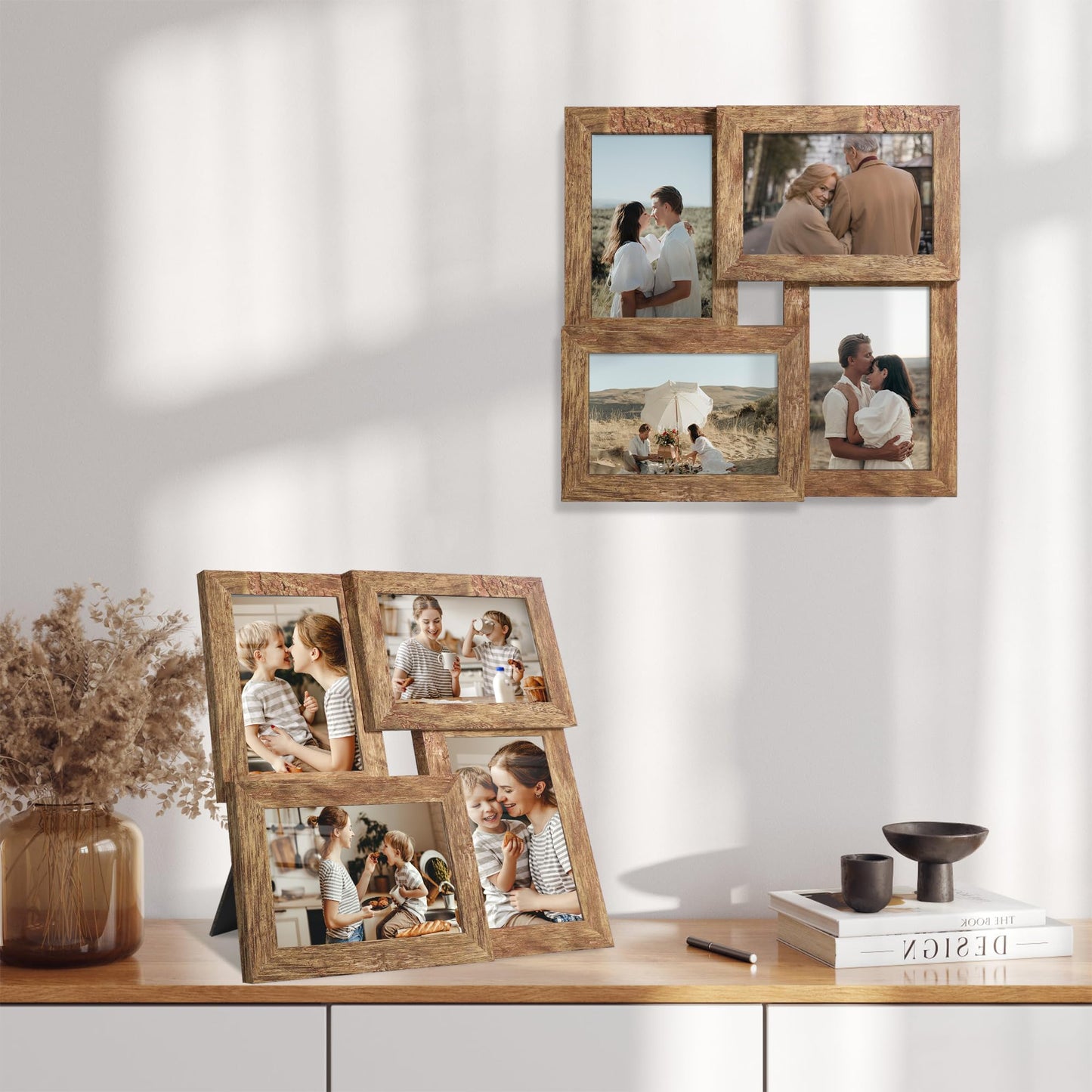 YESKAY 4x6 Collage Picture Frames Set of 1, Multi Family Photo Frame with Real Glass, Displays Four 4x6 Photo, Wall Decor Wall Hanging or Tabletop, Distressed Brown