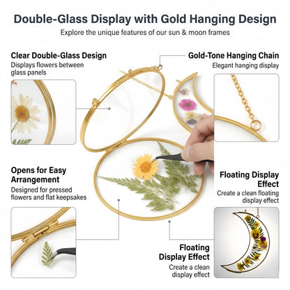 Pressed Flower Frame Kit, Sun and Moon Double Glass Hanging Frames with 68 Dried Flowers, Gold Botanical Wall Decor DIY Craft Kit for Adults, Flower Lover Gift for Mother’s Day & Birthday