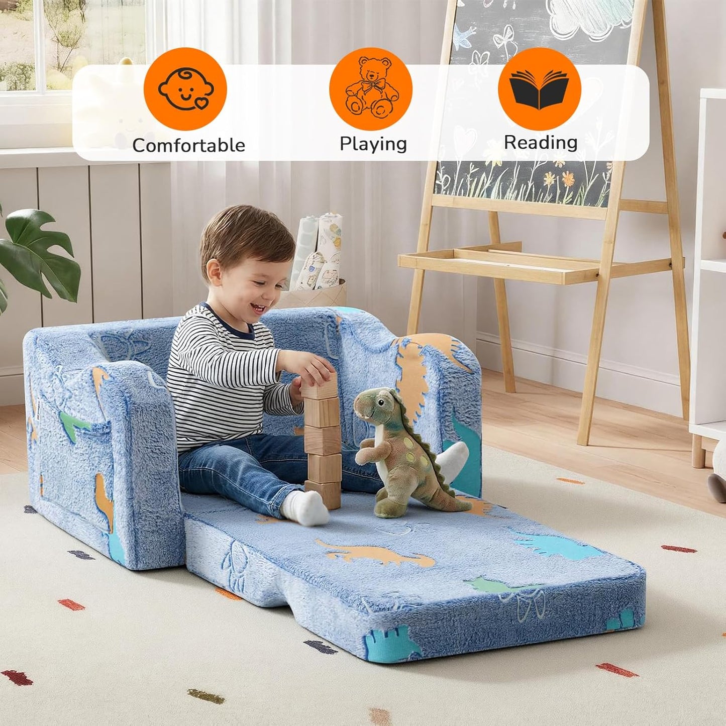 1-3, 2-in-1 MeMoreCool Glowing Dinosaur Kids Chair, Glow-in-the-Dark Kids Couch for Boys Ages Convertible Fold-Out Sofa