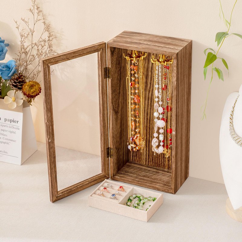 SINGLBA Necklace Holder Organizer, Wooden Jewelry Box for Women Girls, Rotatable Jewelry Organizer Case with Ring Tray Display & Storage for Necklaces Bracelets Rings Earrings, Gifts for Women Her