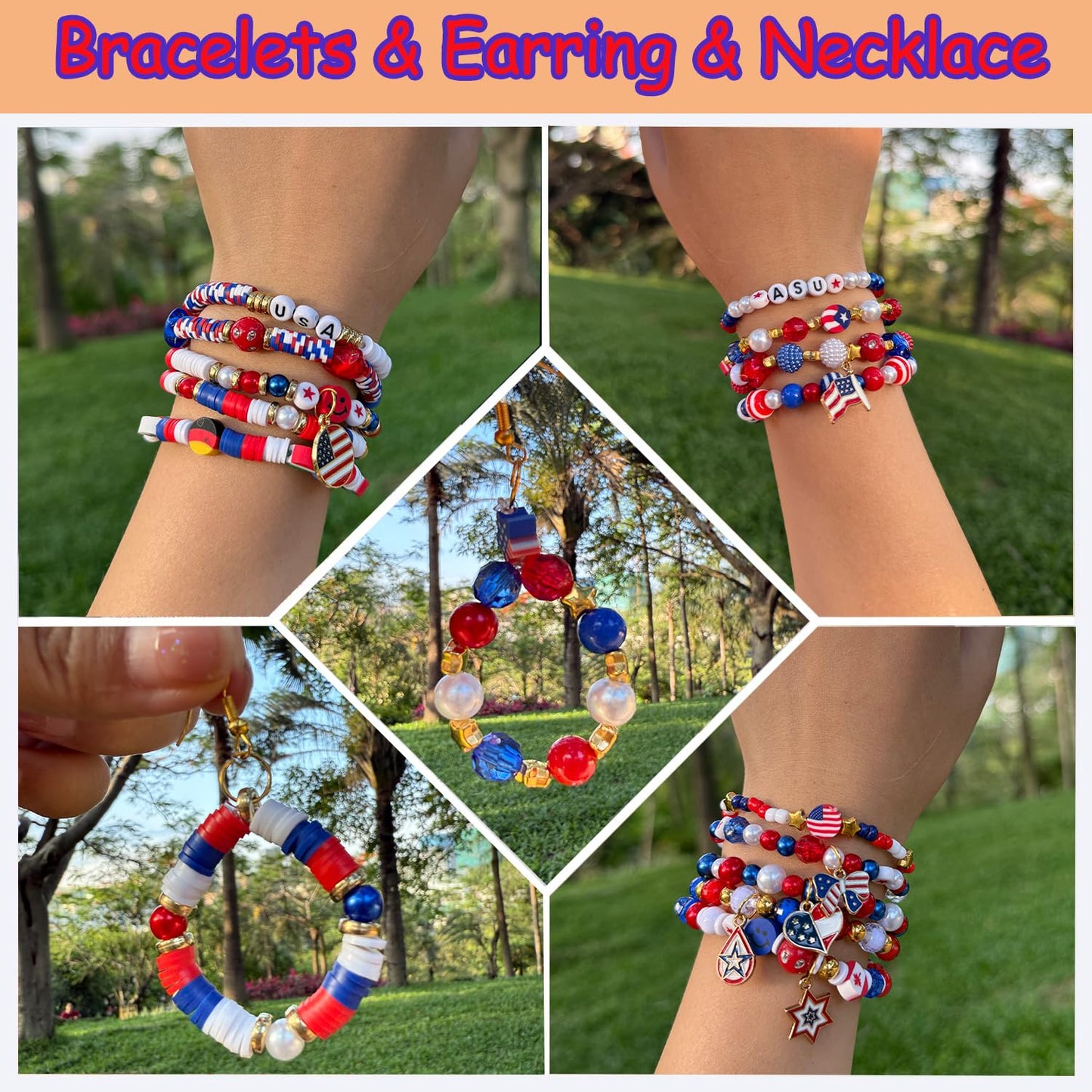 2100Pcs 4th of July Patriotic Beads Kit, Independence Day Bead Red White and Blue Polymer Clay Beads for Bracelets Jewelry Making Acrylic Round Star Letter Loose Beads with USA Patriotic Star Charms