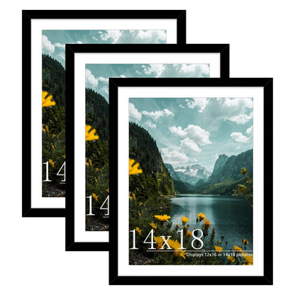 Picrit 14x18 Picture Frame 3 Pack, Black Poster Frame, Display Poster 12 x 16 with Mat or 14 x 18 without Mat for Horizontal or Vertical Wall Mounting