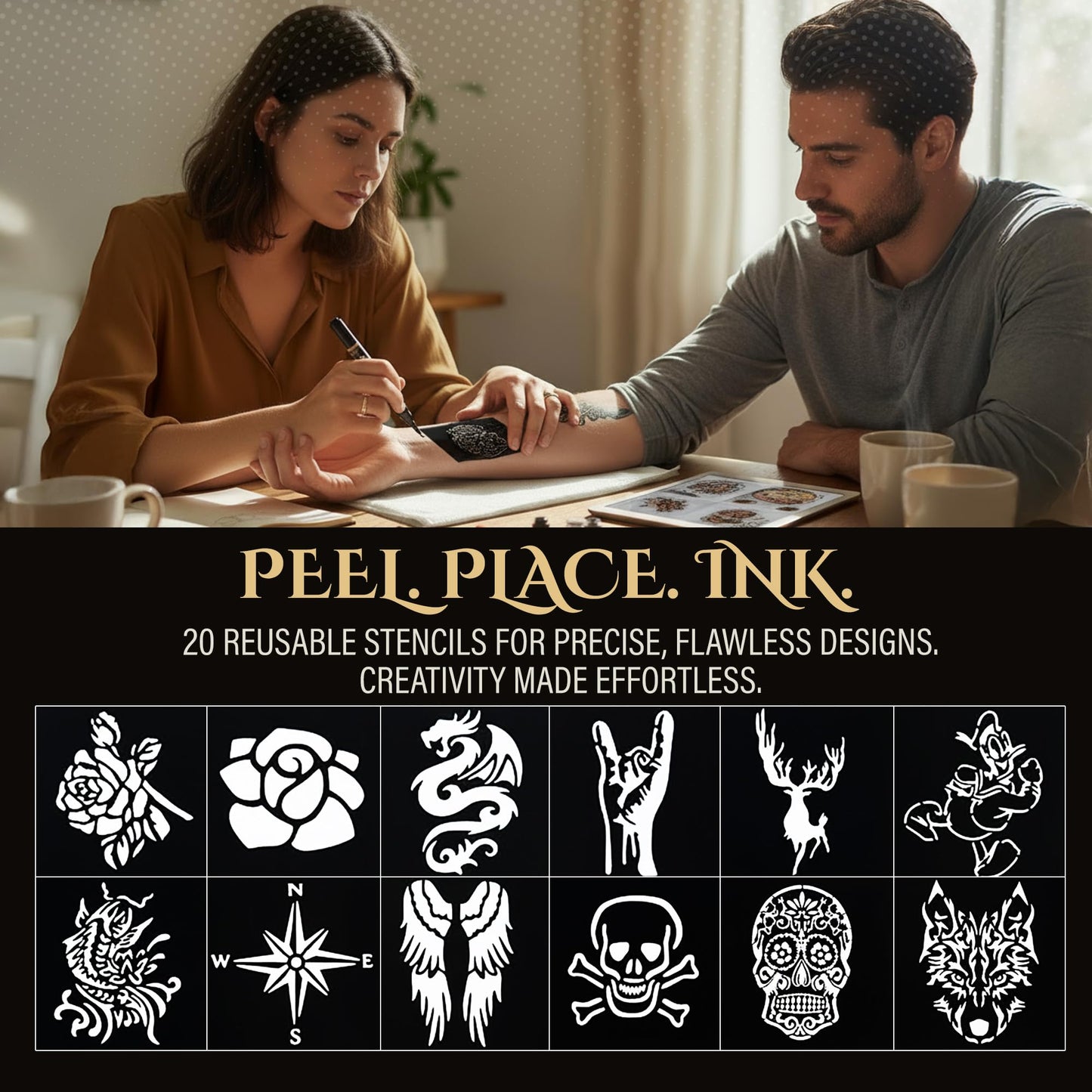 Tattoo Pen Kit for Skin – 10 Temporary Tattoo Markers with Dual Tips & 20 Stencils, Body-Safe Ink for Face, Hands & Arms – Fun Body Art Pens for Kids, Teens, Parties, Festivals & Costume Design