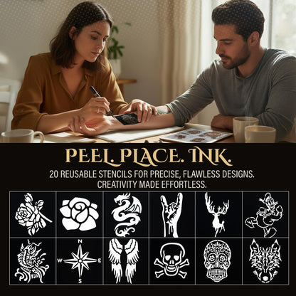 Tattoo Pen Kit for Skin – 10 Temporary Tattoo Markers with Dual Tips & 20 Stencils, Body-Safe Ink for Face, Hands & Arms – Fun Body Art Pens for Kids, Teens, Parties, Festivals & Costume Design