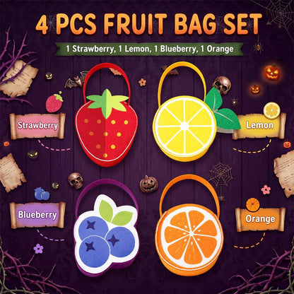 Cosblank 4 Pcs Halloween Fruit Inspired Treat Bags Orange Lemon Strawberry Blueberry Trick or Treat Bags Fruit Handbags for Group Costumes Party Favors and Home Decor