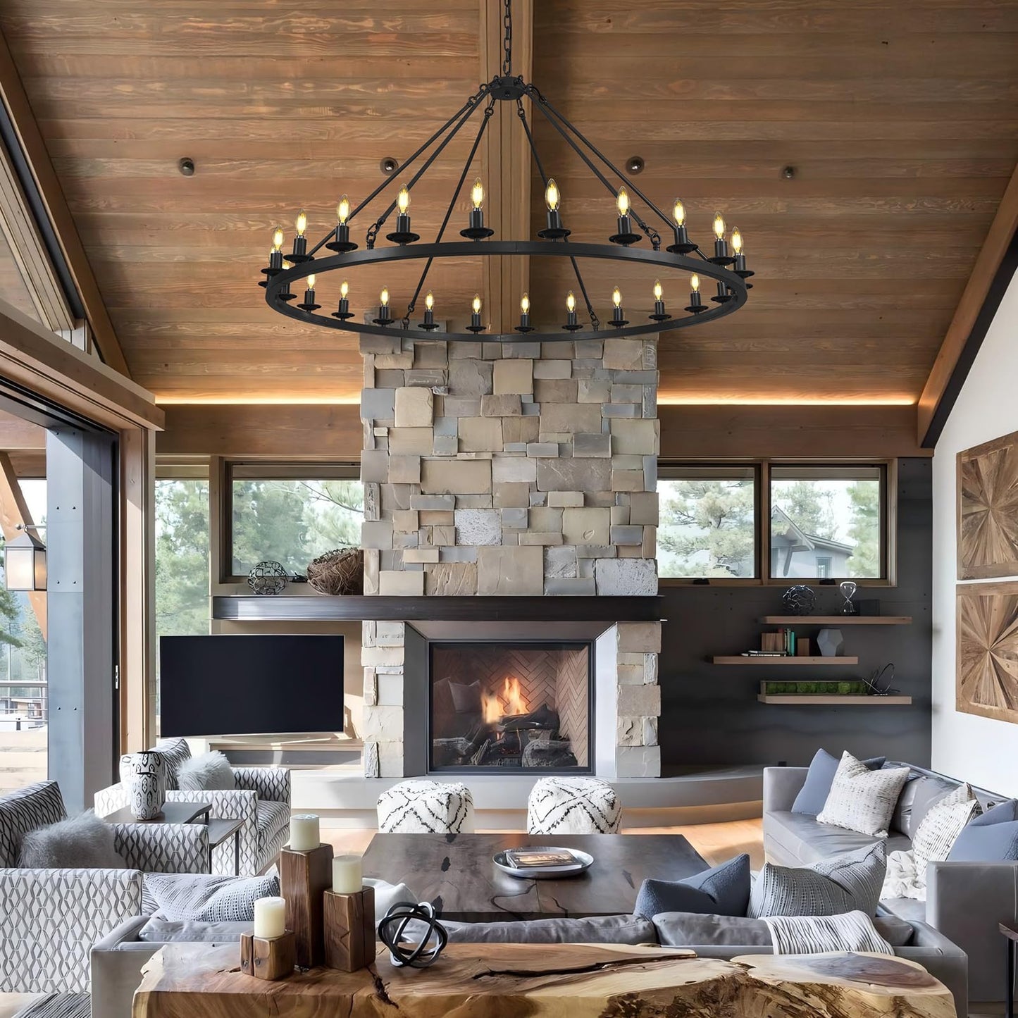 RWOGNLO 54" Black Large Wagon Wheel Chandelier, Farmhouse Round Chandeliers for Dining Room, 24-Light Modern Living Room Chandeliers Ceiling Fixtures for Bedroom, Foyer, Entryway, Staircase, Kitchen