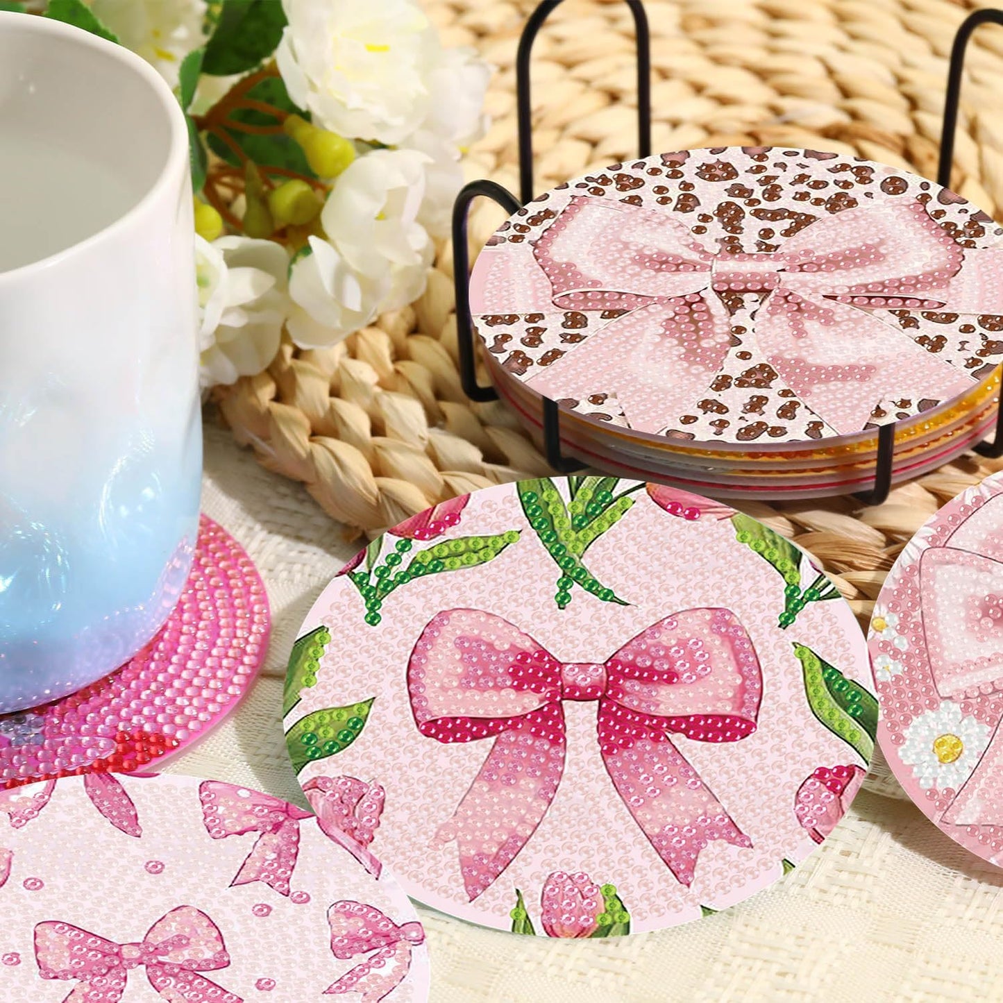 HHMATITS 8 Pcs Diamond Art Coasters Kit, Pink Bow Diamond Art Coaster with Holder Cork for Adults Beginners, 5D DIY Full Round Diamonds Painting Coasters Kit for Gifts 4X4 Inch