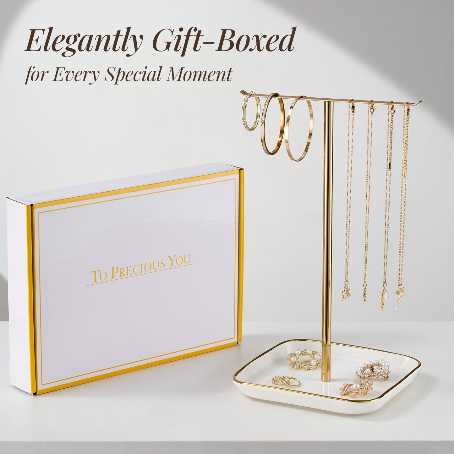 Jewelry Holder Stand with Ceramic Base: 12" Tall Necklace Organizer Rack, Tree Design Display Storage for Necklaces, Bracelets, Rings, Earrings, Aesthetic Room Décor for Girls and Women, Gold