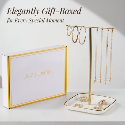 Jewelry Holder Stand with Ceramic Base: 12" Tall Necklace Organizer Rack, Tree Design Display Storage for Necklaces, Bracelets, Rings, Earrings, Aesthetic Room Décor for Girls and Women, Gold