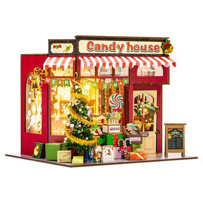 Book Nook Kit, 3D Wooden Puzzles Christmas Candy Shop Miniature House Dollhouse Booknook Mini House Making Kit Bookshelf Decorations Gifts for Family, Friends