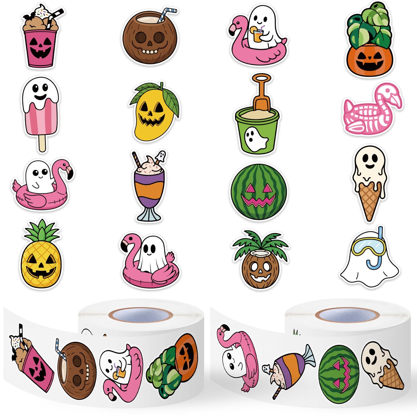 Eartim Summer Spooky Roll Sticker - 1000 Pcs Cartoon Fruit Pumpkin Ghost Sticker Rolls Waterproof Self-Adhesive Decorative Decal Halloween in Summer Party Decoration Kid Birthday Favor Student Reward