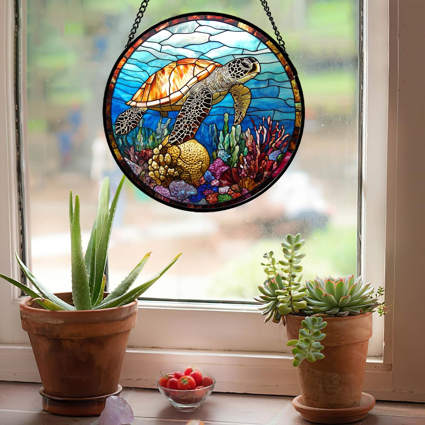 CRISGIF Stained Glass Window Hanging Blue Sea Ocean Coral Turtle Large 11.8" - Suncatcher Door Garden Sunroom Sun Catcher Home Decor Birthday Christmas for Mom Men Woman Nana