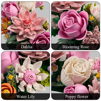 Pink Moon Flower Building Set, Dahlia Rose Bouquet Botanical Collection Building Block, Compatible with Lego Flowers for Home Wall Art Decor, Gifts for 18+ Girls, Women(944PCS)