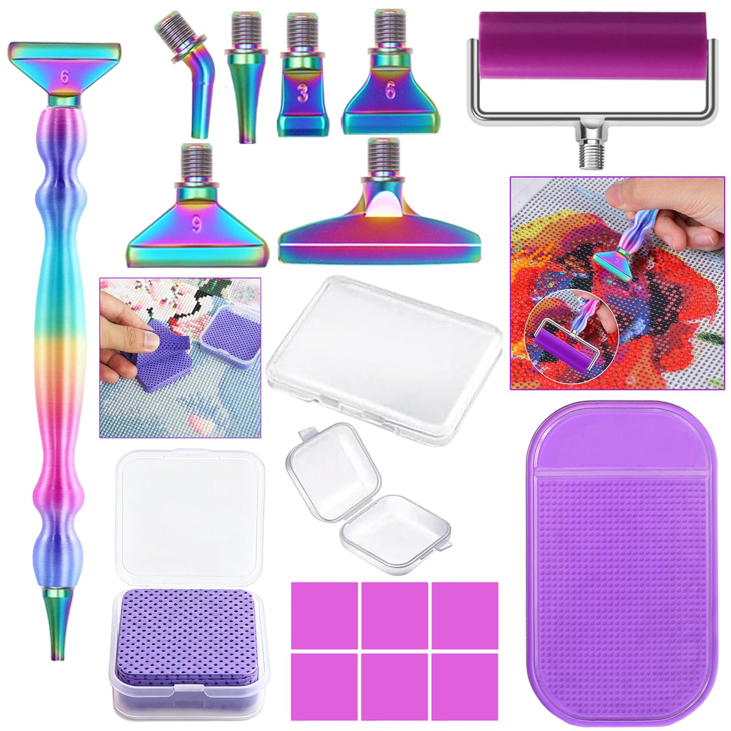 jecxucci Diamond Painting Art Drill Bead Dot Pen Kit with 6pcs Stainless Steel Tips, 6 Glue Clays, Diamond Art Roller and 50Pcs Cleaner Paper, 5D Diamond Painting Trays Sticky Pad (Colorful)