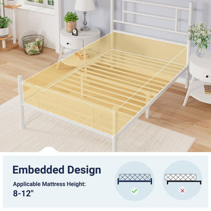 Allewie 14 Inch Queen Size Metal Platform Bed Frame with Headboard and Footboard, Underbed Storage, Strong Metal Slats Support, Mattress Foundation, No Box Spring Needed, Easy Assembly, White