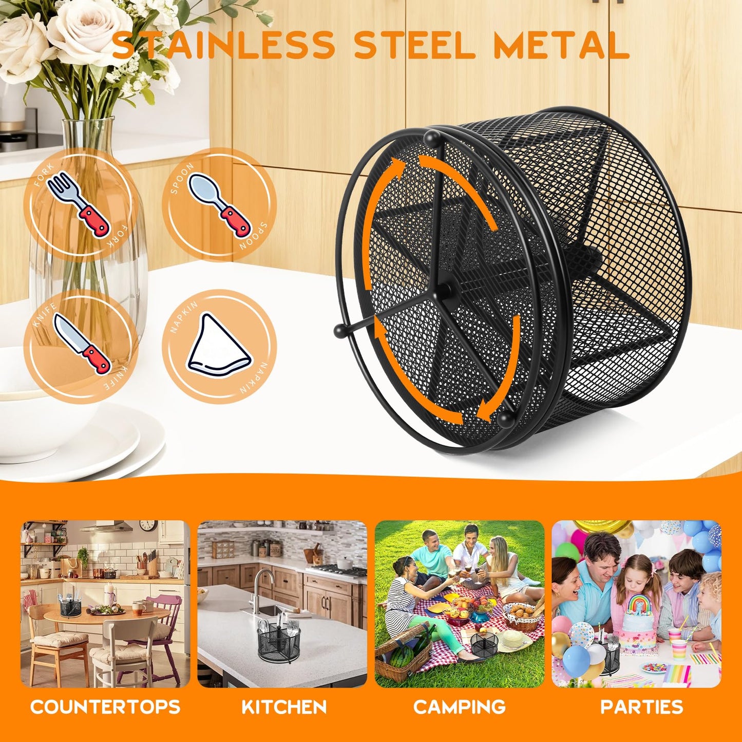 Fylsyd 360° Rotating Metal Utensil Caddy, 4 Compartment Silverware Cutlery Holder, Effortless Access Fork Spoon, Silverware Holder for Party Countertop Buffet Picnic Camping Outdoor (Black)