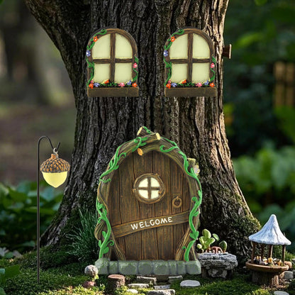 NOVYQREN Miniature Fairy Door and Windows Garden Kit Accessories,Glow in The Dark Fairy Door Windows Yard Art Sculpture Decoration Garden Decor(Wood)