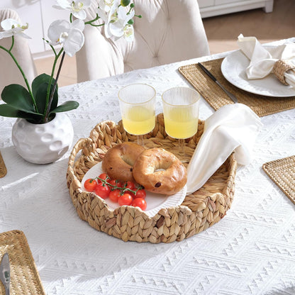 14 inch Yangqihome Round Scalloped Serving Tray, Decorative Water Hyacinth Scalloped Basket with Built-in Handles