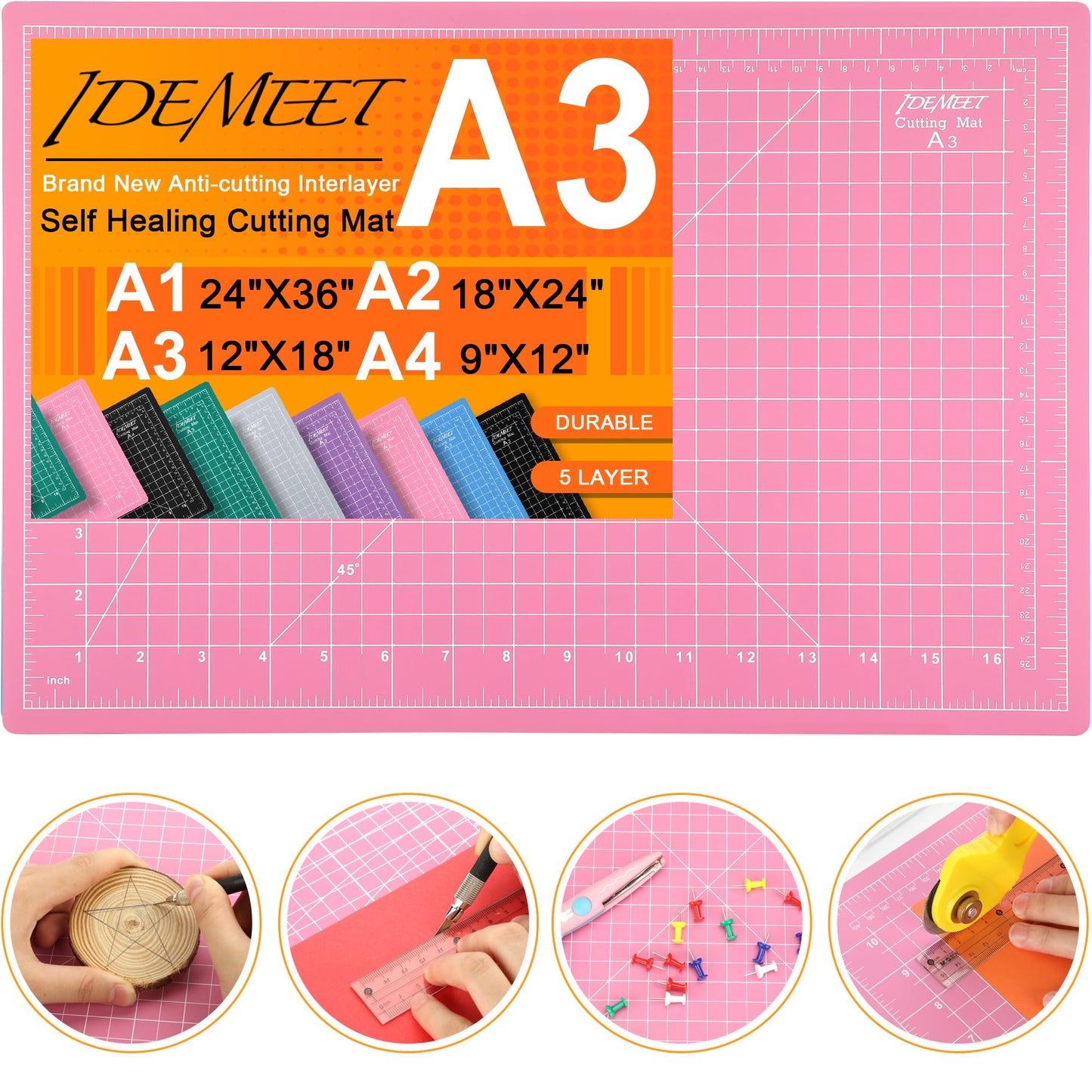 Density-upgraded 18"x12" Self Healing Cutting Mat, Idemeet Rotary Sewing Mat for Crafts, 5-Ply Blade Table Protector Cut Board for Fabric Leather Cutting Quilting Modeling Hobby Project, A3, Pink