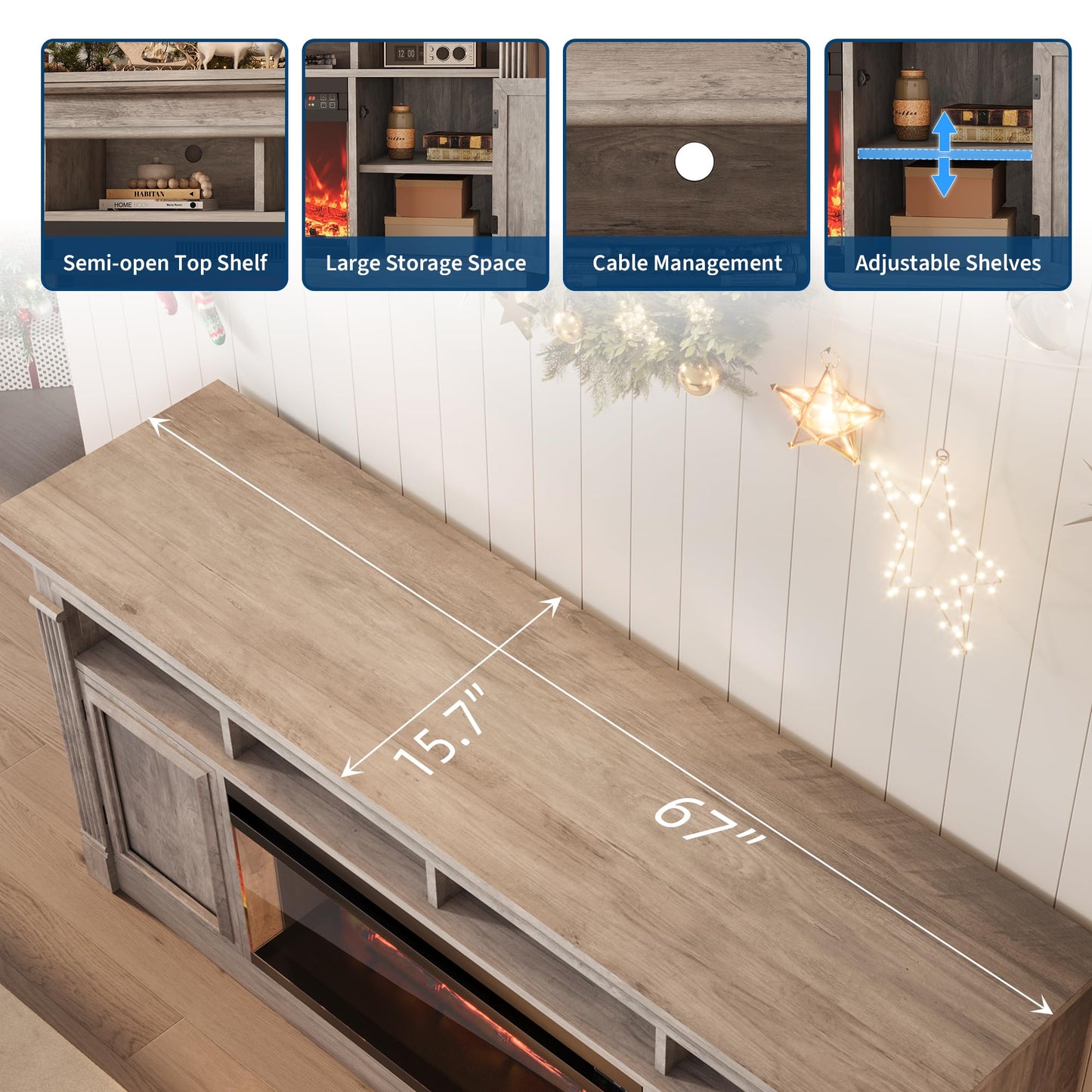 Garvee 68" Farmhouse Electric Fireplace TV Stand, Entertainment Center with Open Storage Cabinets for TVs up to 75", Media Console for Living Room,Grey
