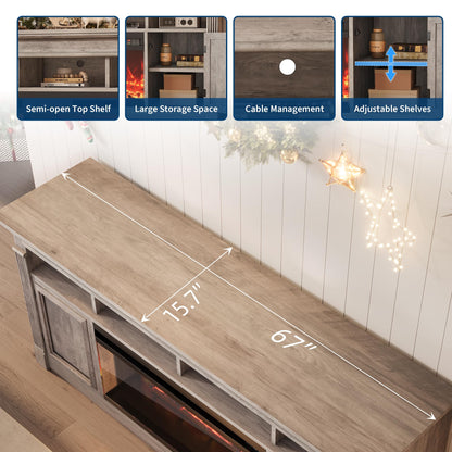 Garvee 68" Farmhouse Electric Fireplace TV Stand, Entertainment Center with Open Storage Cabinets for TVs up to 75", Media Console for Living Room,Grey