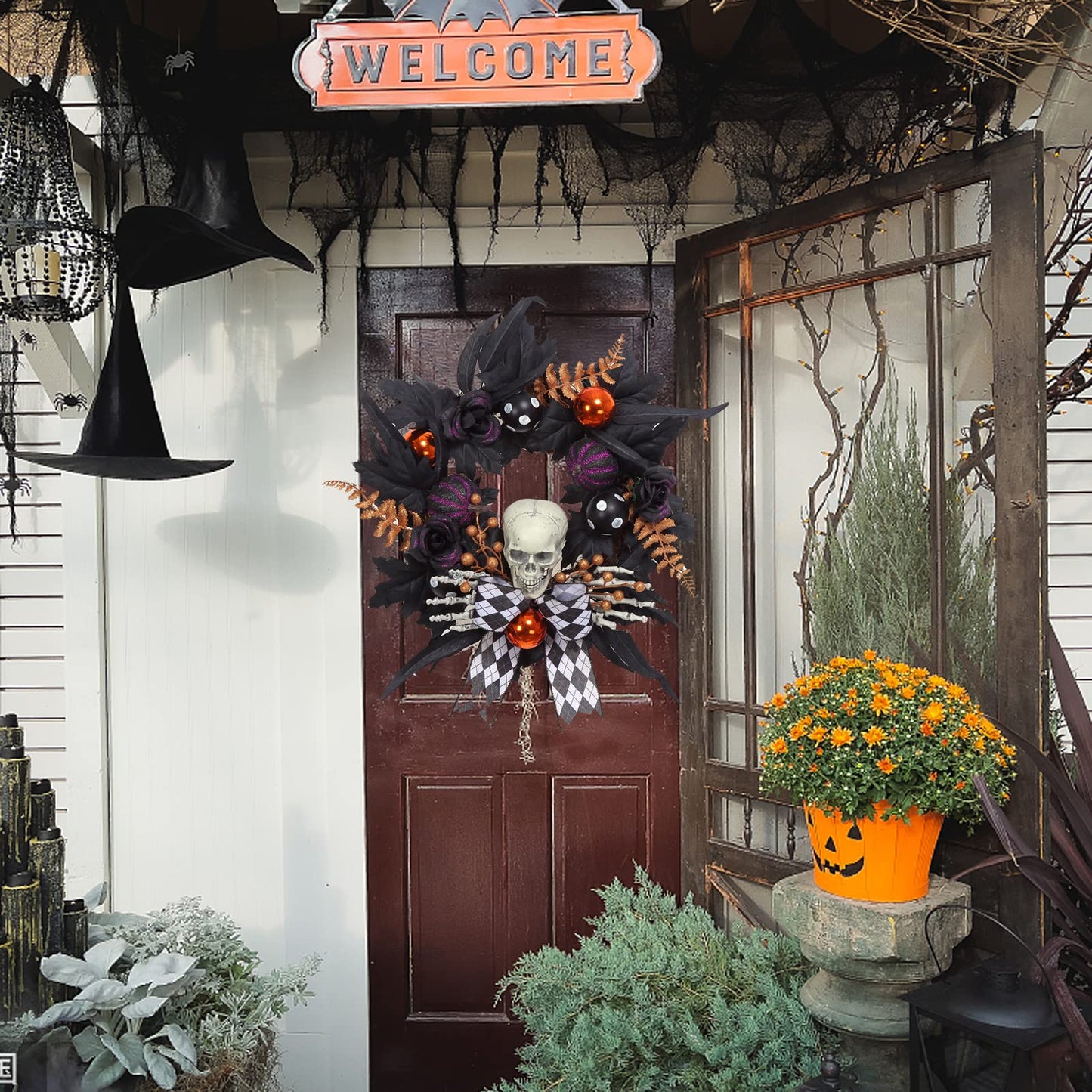 Adeeing Halloween Wreath for Front Door Halloween Skeleton Decorations, 20 Inch Pumpkin Wreath with Skull Black Roses Maple Leaves for Window Indoor Outside Home Party Decor