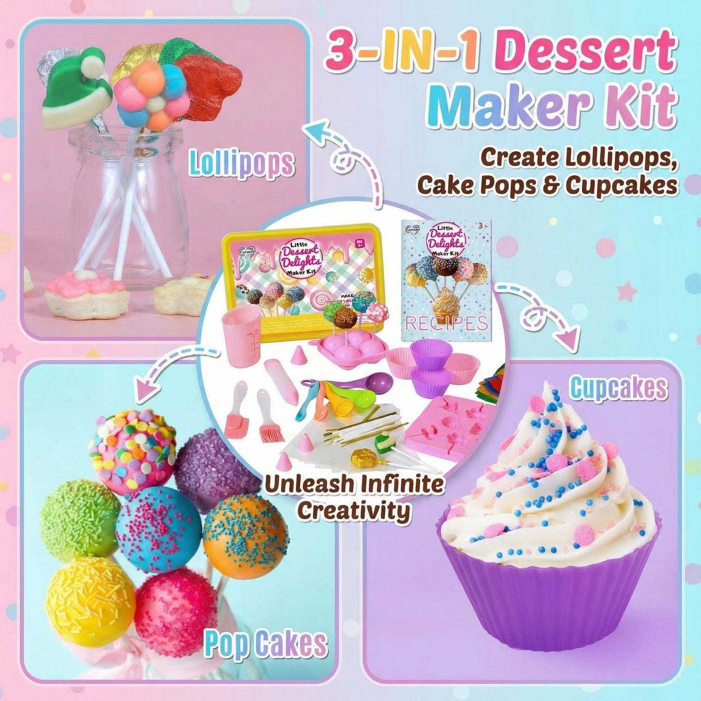 Carolart Cake Pop & Chocolate Lollipop Making Kit for Kids, 76-Piece Kids Baking Set with Storage Box, Silicone Molds, Melting Pot & Recipe, Kids Baking Supplies for Girls Boys Ages 6-12