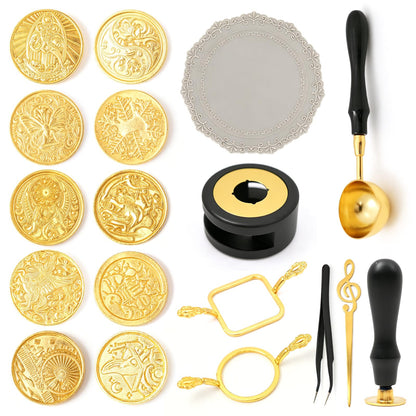 18Pcs Wax Seal Stamp Kit,Classic Sealing Wax Stamp Heads with Wooden Handle Metal Wax Seal Molds, Wax Warmer Melting Spoon Silicone Mat for Wedding Invitation Letter Envelope Gift Cards DIY Crafts
