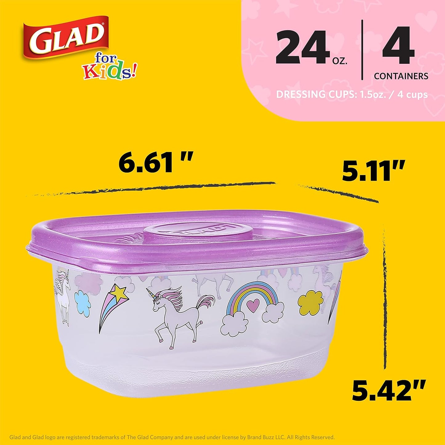 Glad for Kids GladWare Snack Containers, Unicorn Design, BPA-Free Plastic, 24oz, 4 Count, Pink