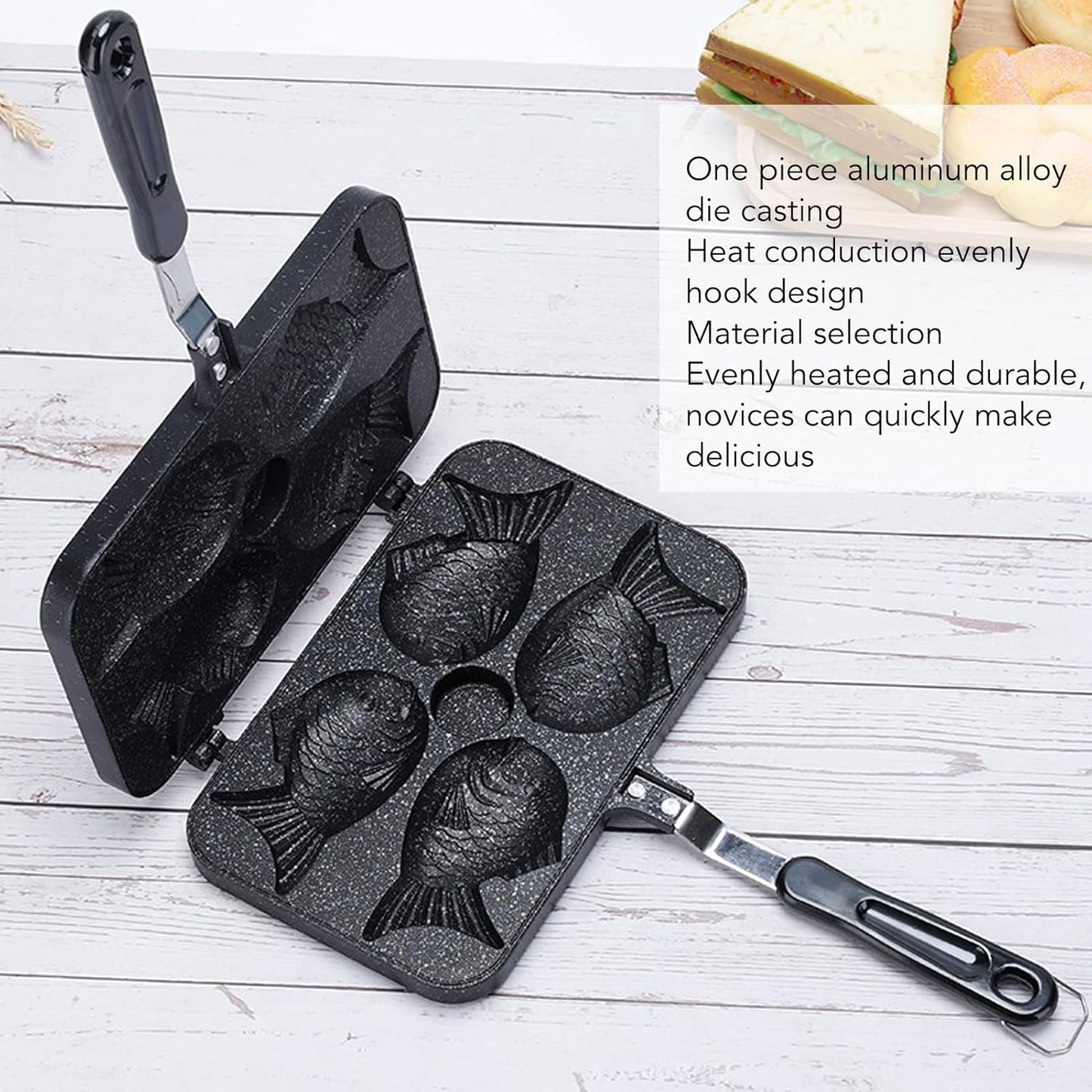 Taiyaki Pan, Non-Stick Double Sided Frypan with 4 Grids, Black Anti-Scalding Handle, Fish Shape Aluminium Waffle Maker