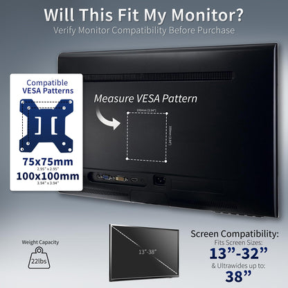 VIVO Single 13 to 38 inch Ultrawide Monitor Arm Desk Mount, Regular Screens up to 32 inches, 22 lbs capacity, Fully Adjustable Stand with C-Clamp and Grommet Base, Black, STAND-V001