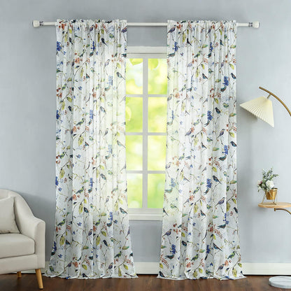 2 52 96 Inches Leeva Birds Pattern Sheer Curtains, Lightweight Rod Pocket Semi Sheer Curtain Drapes Window Decor