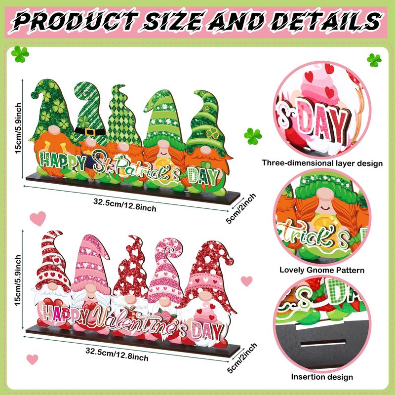 Valentine's Day and St. Patrick's Day Reversible Gnome Wood Signs Double Sided Valentines St. Patrick's Theme Wooden Standing Blocks Decoration Gnome Table Centerpiece for Home(Classic)