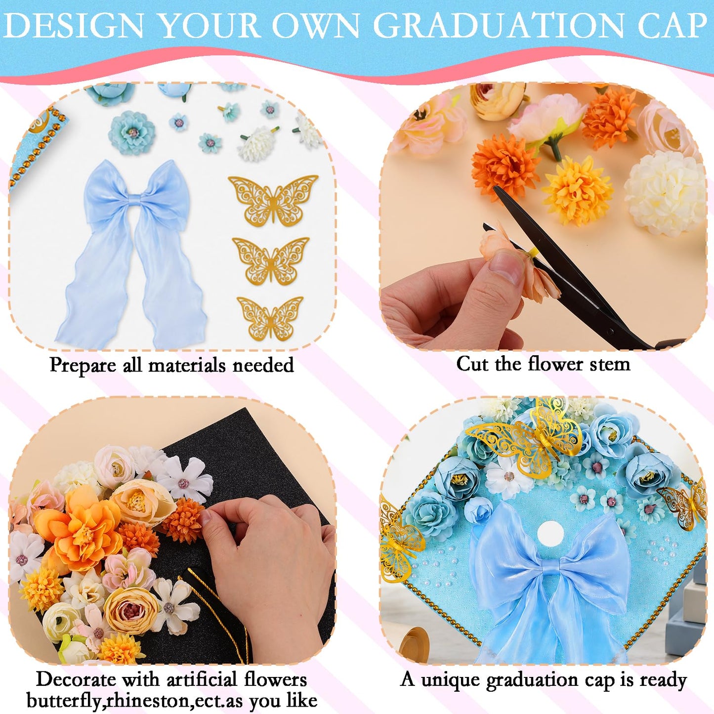 45 PCS DIY Graduation Cap Decoration Kit - 8 Cream Construction Paper with Artificial Flower Heads Bow 3D Butterfly Pearl Adhesive Dots Rhinestone Stickers for Grad Hat Topper DIY (Light Blue)