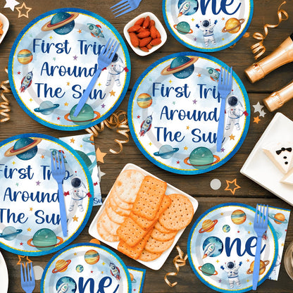 First Trip Around The Sun Decorations - 96PCS First Tirp Around The Sun Plates and Napkins Party Supplies Outer Space 1st Birthday Decorations Boy Disposable Paper Tableware Set Serves 24 Guests