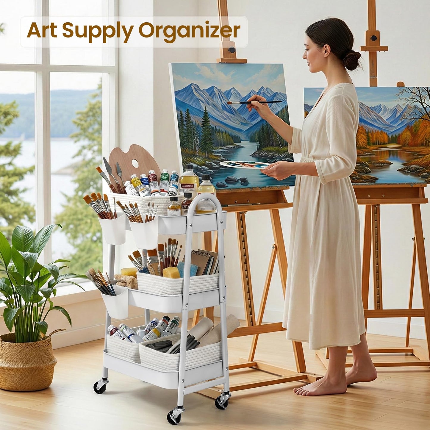 3-Tier Rolling Utility Cart with 4 Woven Baskets, Diaper Book Snack Cart, Storage Organizer for Nursery, Kitchen, Craft Room, Home SPA, Living Room, Metal Frame Trolley on Lockable Wheels, White