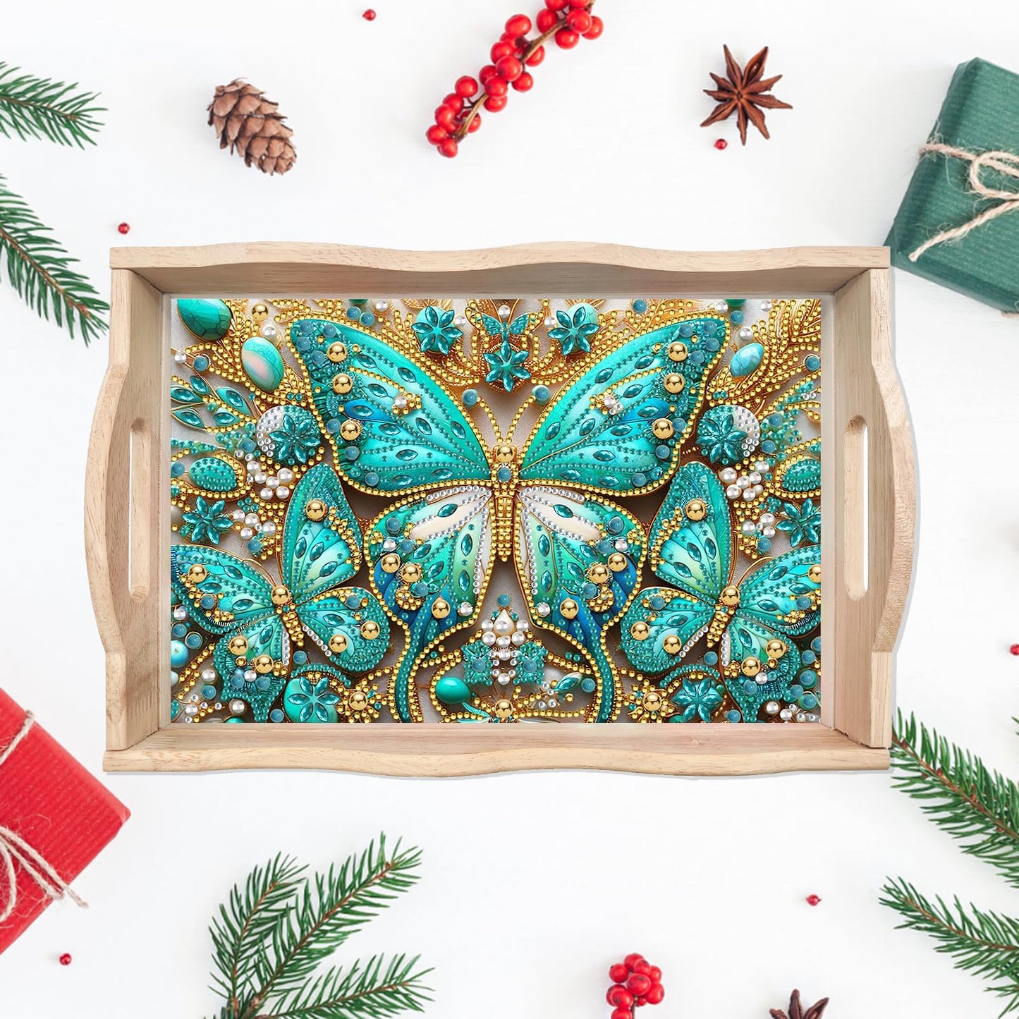 ARTopet DIY Diamond Art Painting Creative Design Handmade Wooden Serving Tray Dinner Plate Partial Diamond Art Breakfast Tray for Coffee Living Room Home Organizer - Green Butterfly