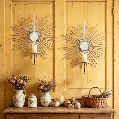 Sxnzequnze 2 Set Candle Sconces Wall Decor for Living Room Metal Sunburst Mirrored Modern Gold Wall-Mounted Candle Holder Sconces Hanging Mounted Fireplace Farmhouse Wedding