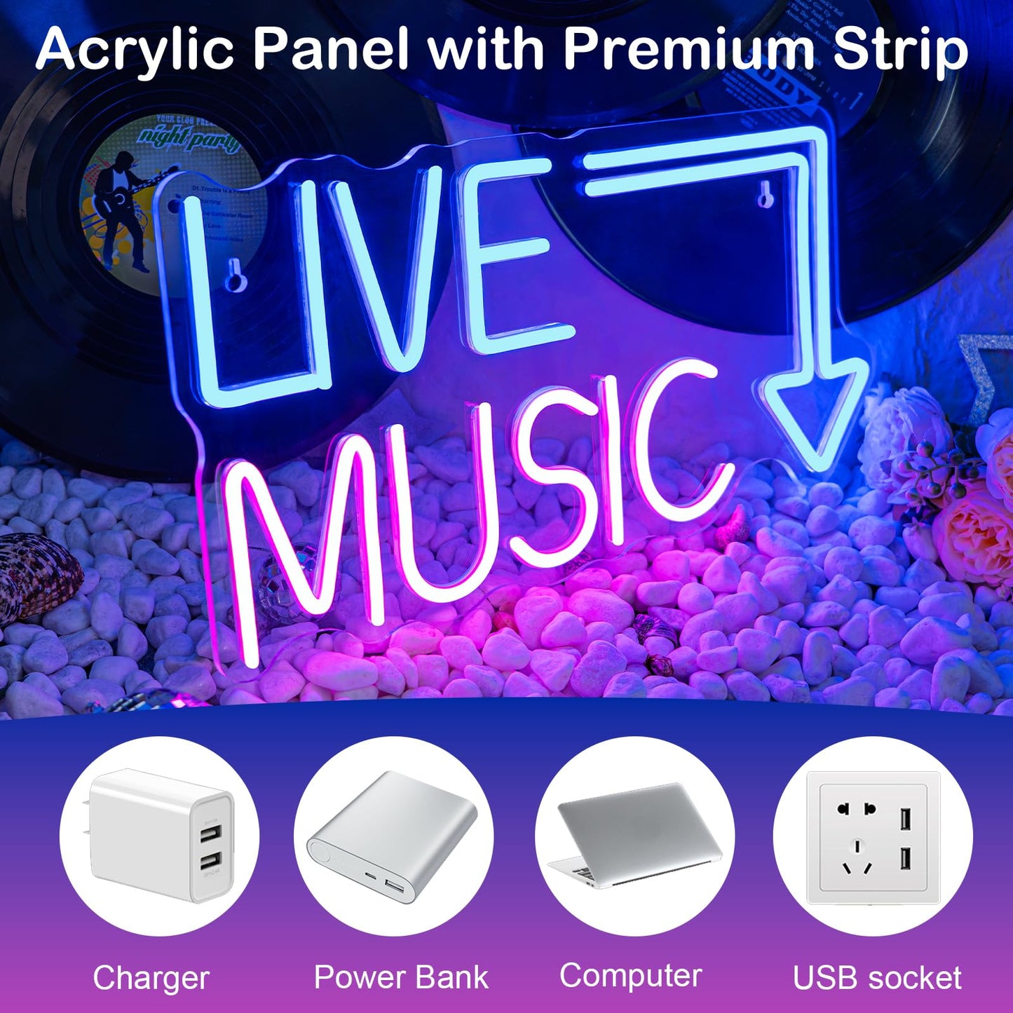 Live Music Neon Sign LED Neon Sign Large Blue and Pink Words for Music Studio USB Powered Switch for Wall Decor Beer,Bar,Bedroom,Party,Club