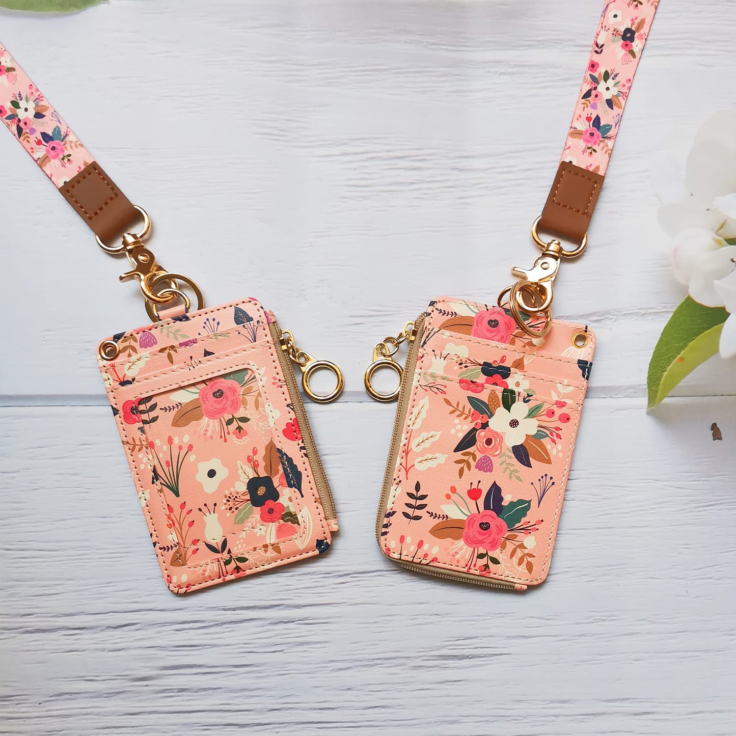 bolimoss Lanyard with Wallet,Zip ID Case with Lanyard,Lanyard Badge Holder,Lanyard Wallet for Women,Fashion Lanyard Wallet, ID Case Wallet with Lanyard（Pink Floral）