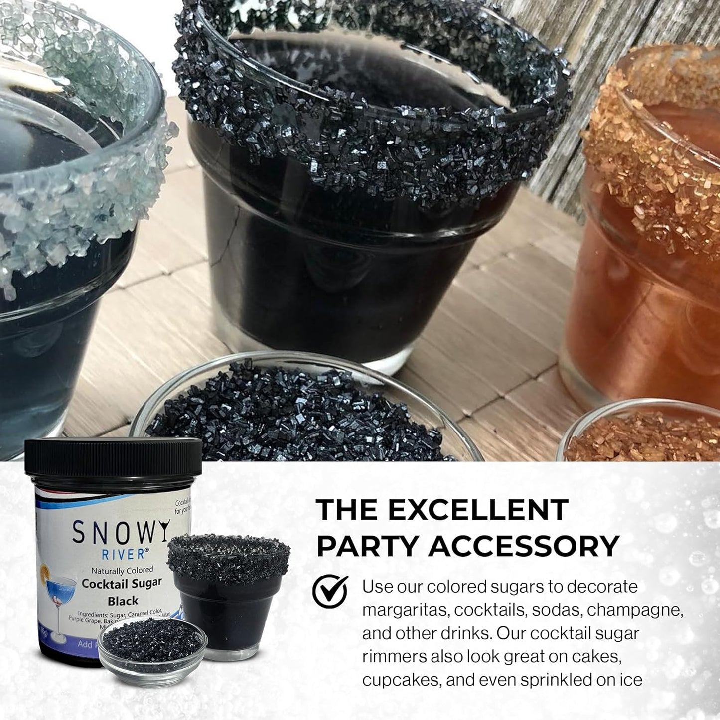 Rimmer Rimming, 3oz Snowy River Black, Cocktail & Margarita Sugar - Vibrant Naturally Colored Sugar for Cocktail Baking