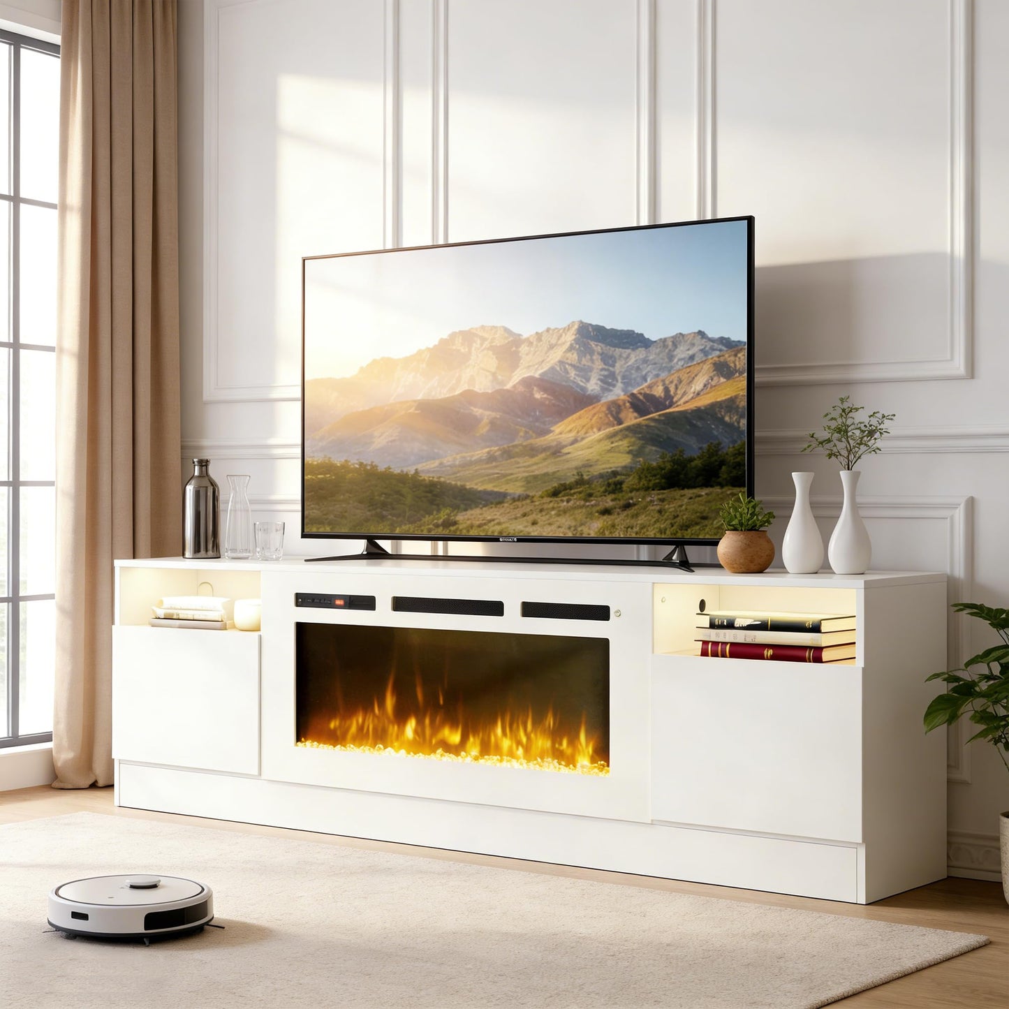 OneBlis 70" Fireplace TV Stand for TVs Up to 80",Entertainment Center with 36” Electric Fireplace and 12 Colors LED Lights,Large TV Console with Storage Cabinet for Living Room,All White